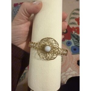 Gold Tone Wire Mesh Flower Cuff Bracelet White Cabochon Faux Pearl Accents